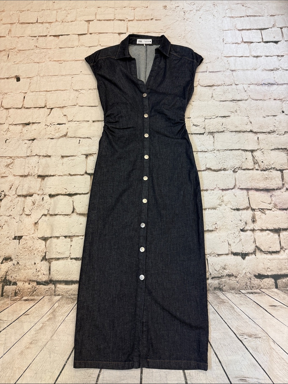 Zara Ruched Denim Midi Dress Size  S - Picture 4 of 11
